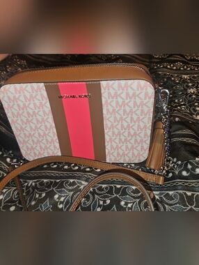 Michael Kors Pink & Brown MK Logo Stripe Crossbody
